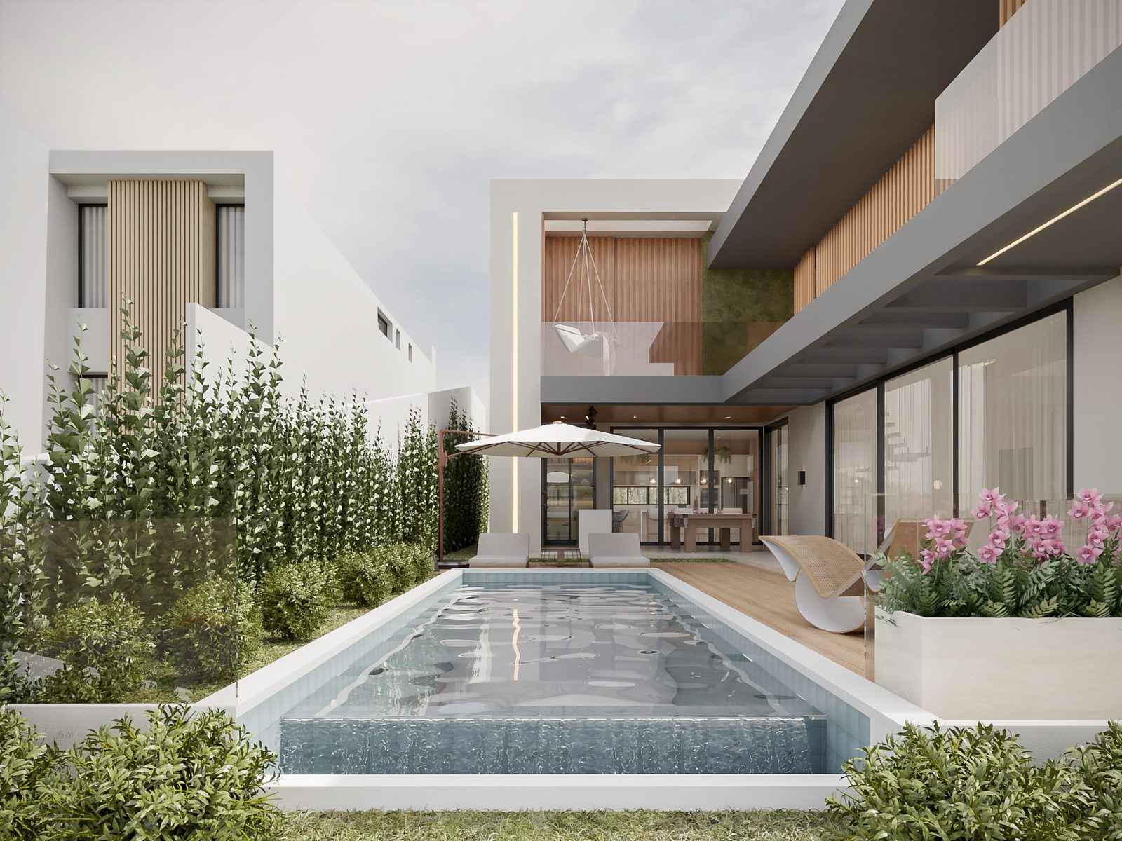 Área externa com piscina e jardim, Residência Contemporânea com Piscina por Studio Mies