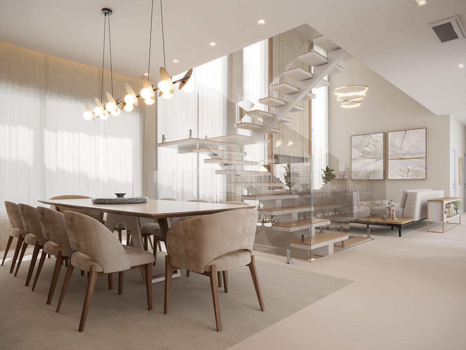 Sala de jantar com escada e pé-direito duplo, Residência Contemporânea com Piscina por Studio Mies
