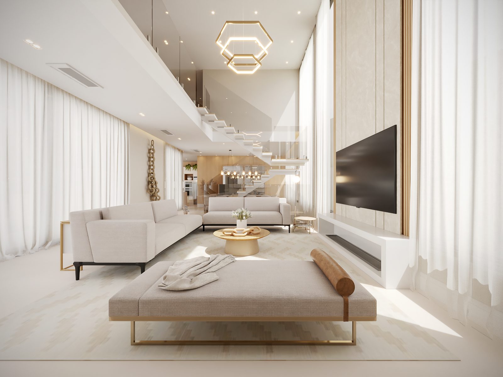 Living com pé-direito duplo, Residência Contemporânea com Piscina por Studio Mies