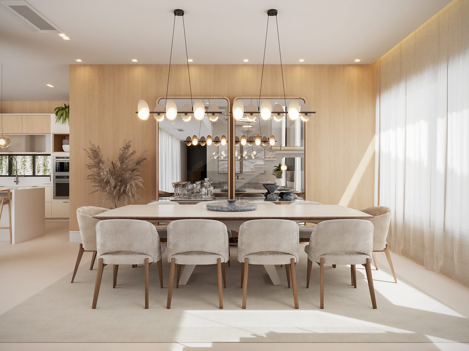 Sala de jantar com marcenaria clara, Residência Contemporânea com Piscina por Studio Mies