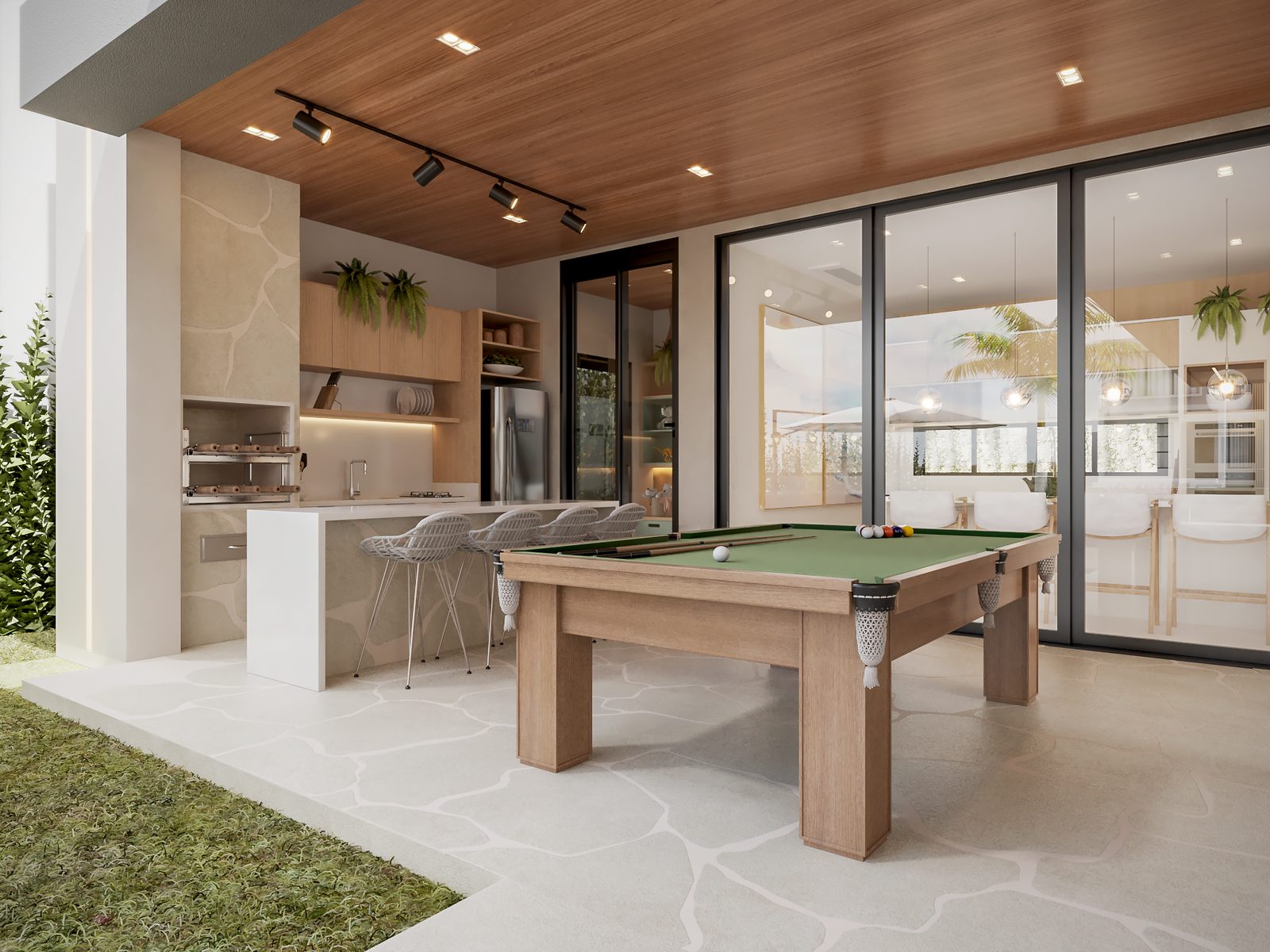 Varanda gourmet com mesa de sinuca, Residência Contemporânea com Piscina por Studio Mies