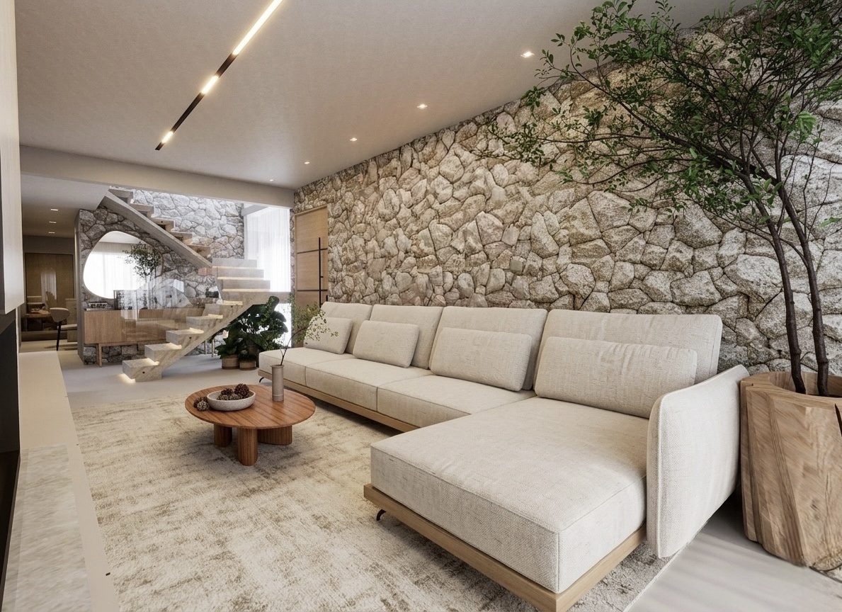 Living com parede de pedra natural, Casa com Parede de Pedra Natural por Studio Mies