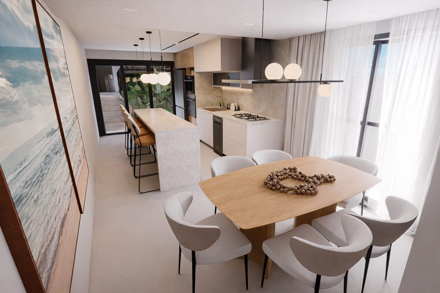 Sala de jantar integrada à cozinha, Casa com Parede de Pedra Natural por Studio Mies