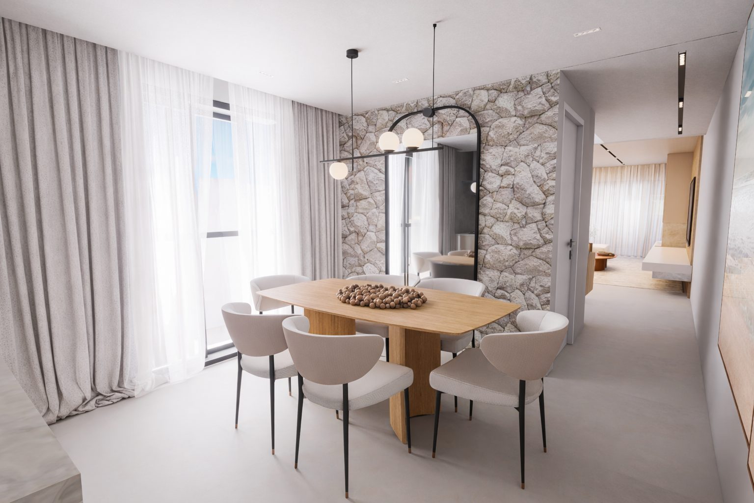 Sala de jantar com parede de pedra, Casa com Parede de Pedra Natural por Studio Mies