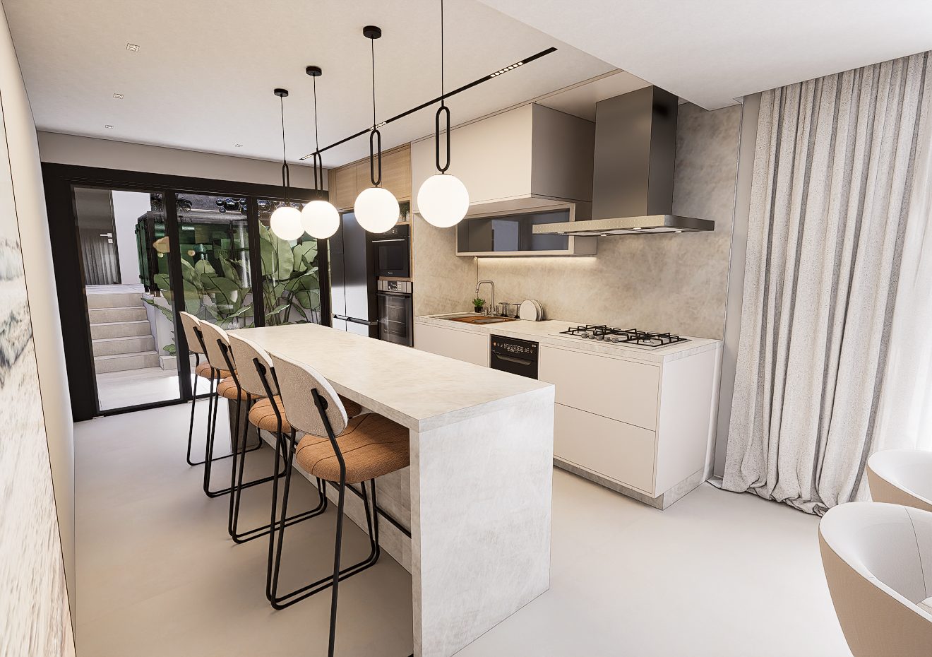 Cozinha com ilha e jardim interno, Casa com Parede de Pedra Natural por Studio Mies