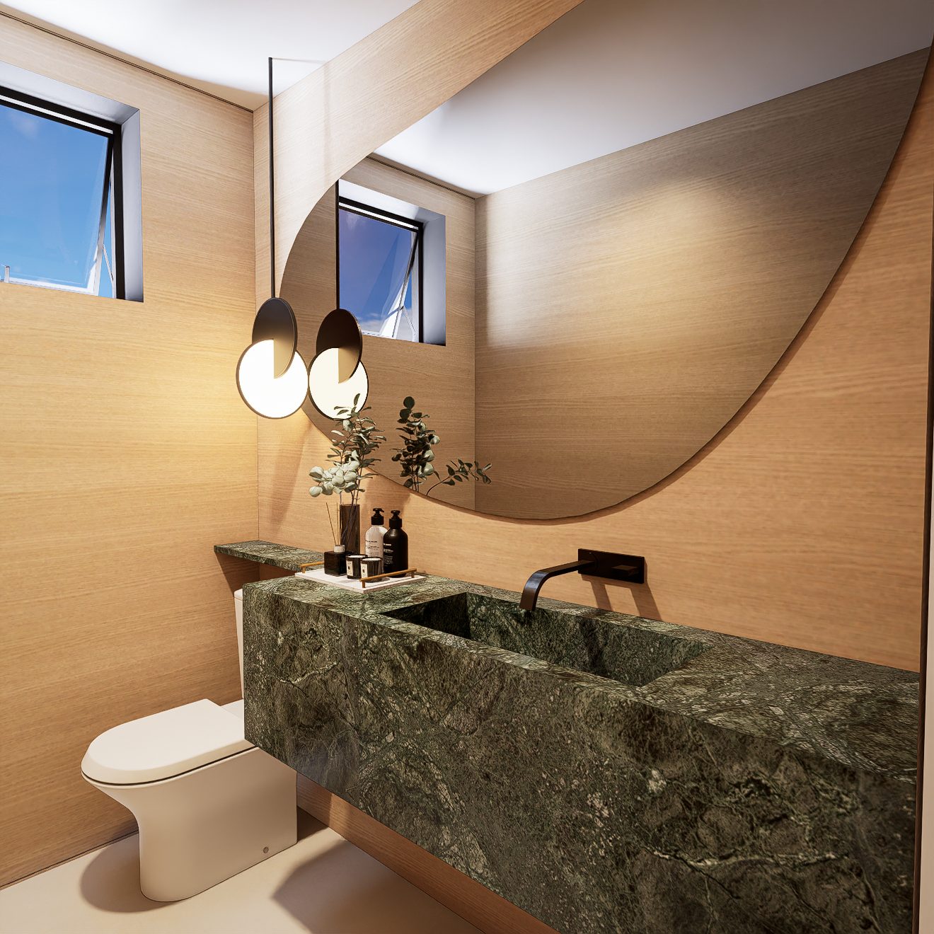Lavabo com bancada em mármore verde, Casa com Parede de Pedra Natural por Studio Mies