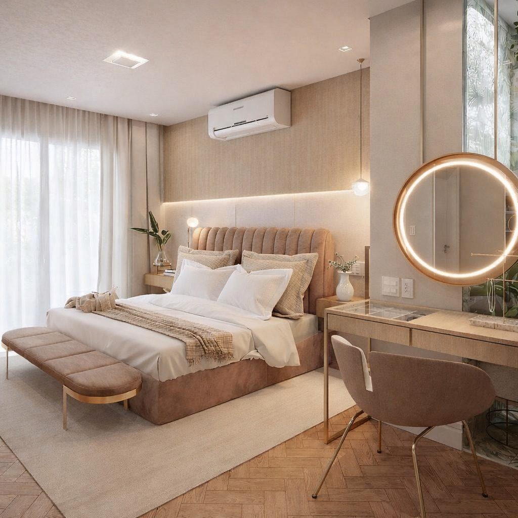Suíte com penteadeira e espelho iluminado, Casa com Parede de Pedra Natural por Studio Mies