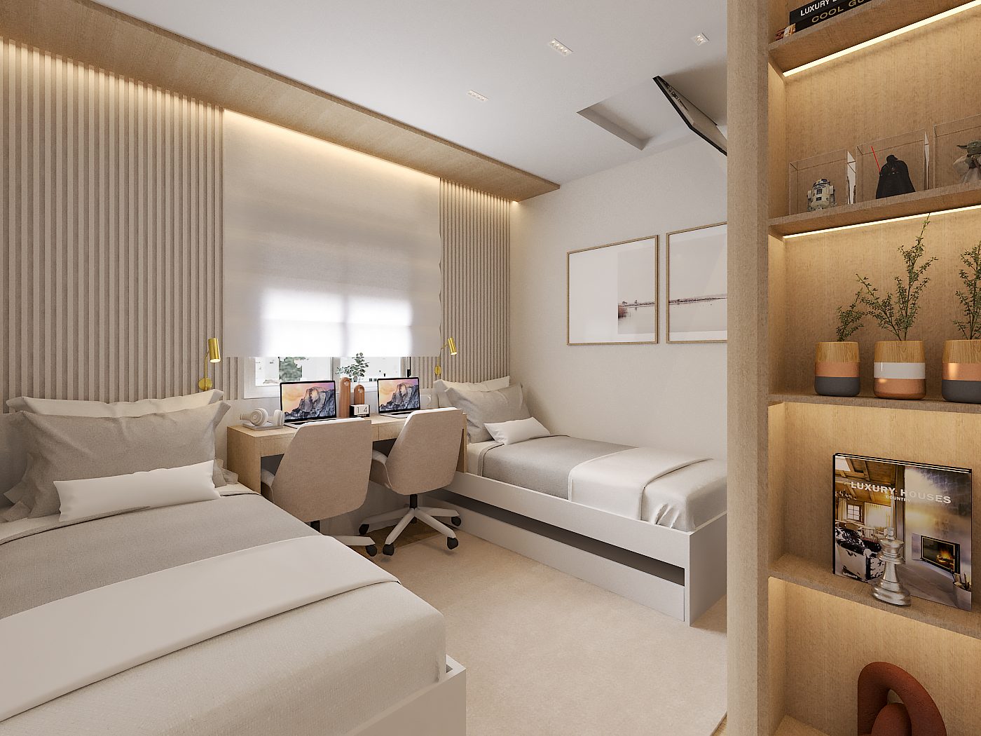Quarto com home office integrado, Casa com Parede de Pedra Natural por Studio Mies