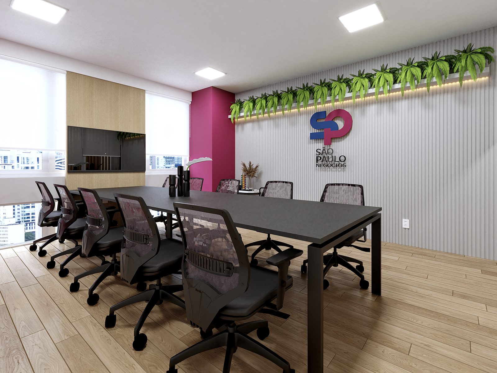 Sala de reunião com jardim suspenso no escritório São Paulo Negócios, projeto corporativo Studio Mies