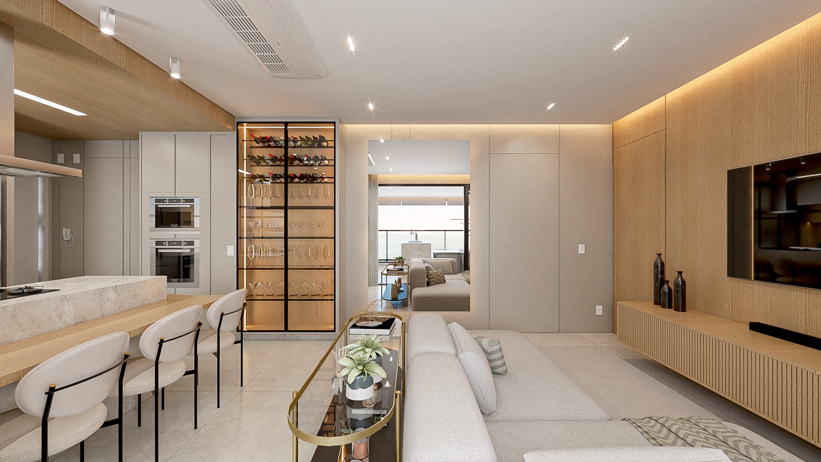 Living integrado com adega climatizada, Apartamento com Vista Panorâmica por Studio Mies