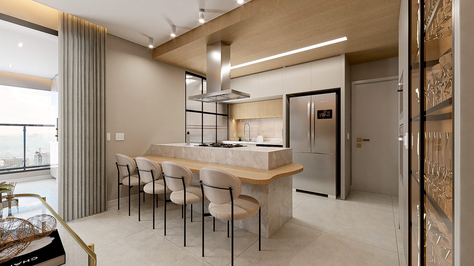 Cozinha com ilha e vista para a cidade, Apartamento com Vista Panorâmica por Studio Mies