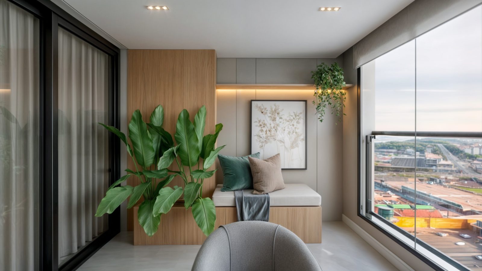 Canto de estar com vista para a cidade, Apartamento com Vista Panorâmica por Studio Mies