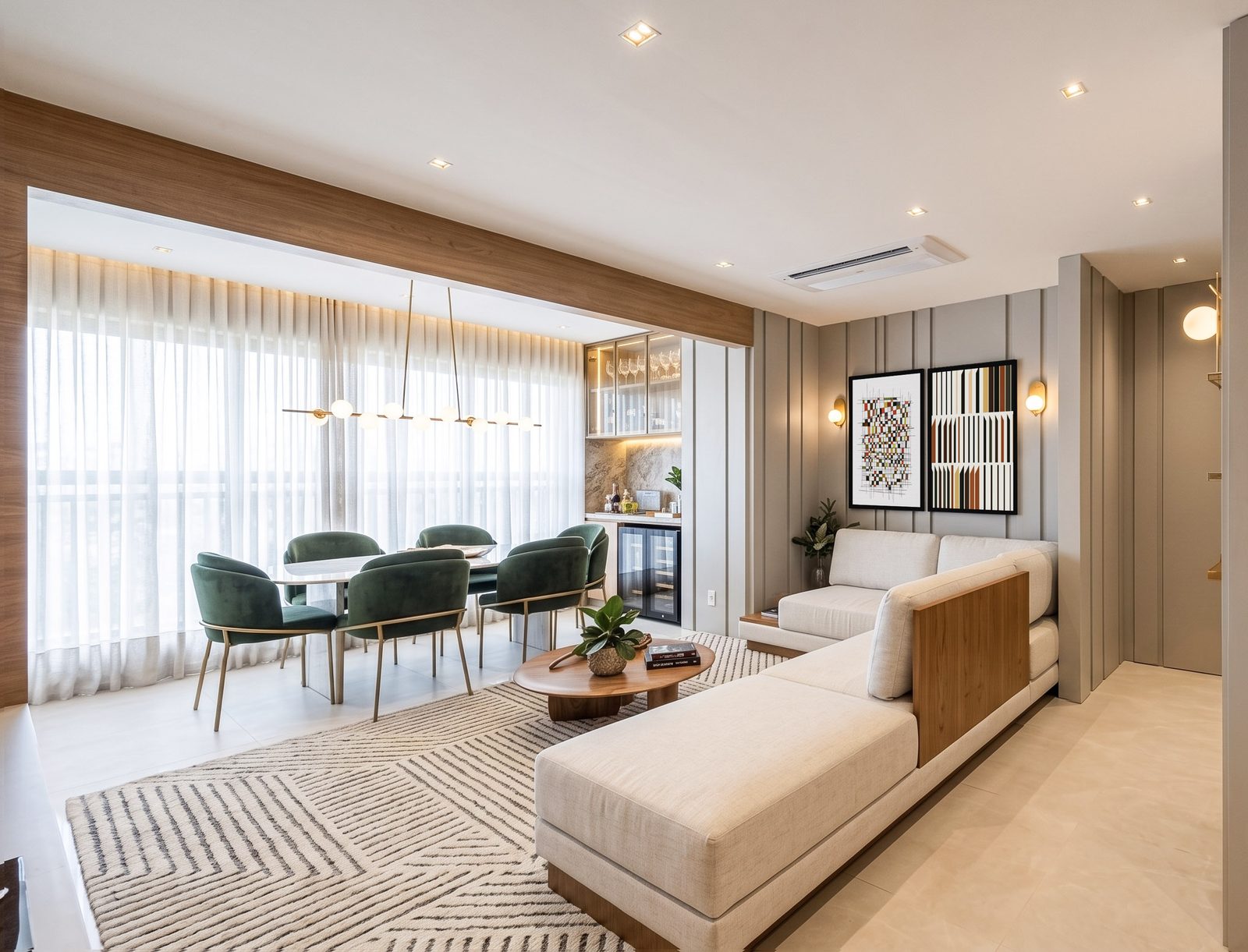 Living integrado com sala de jantar, Apartamento com Marcenaria Ripada por Studio Mies