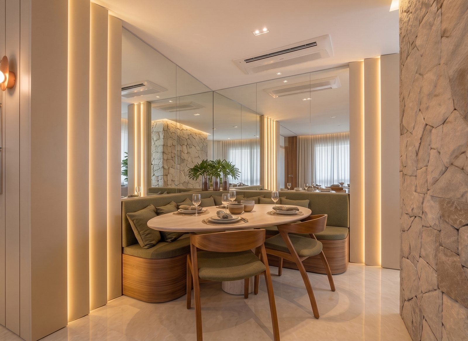 Sala de jantar com marcenaria ripada, Apartamento com Marcenaria Ripada por Studio Mies