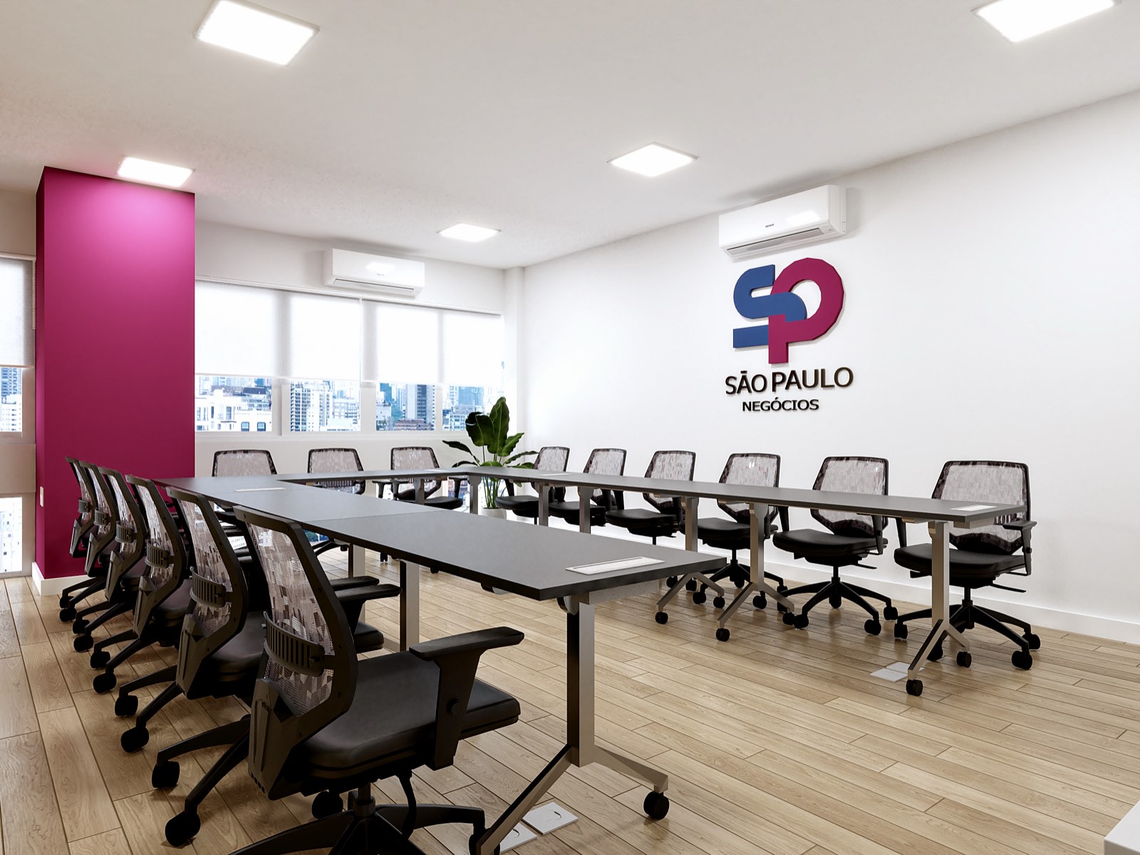 Sala de reunião com marca em relevo no escritório São Paulo Negócios, projeto corporativo Studio Mies