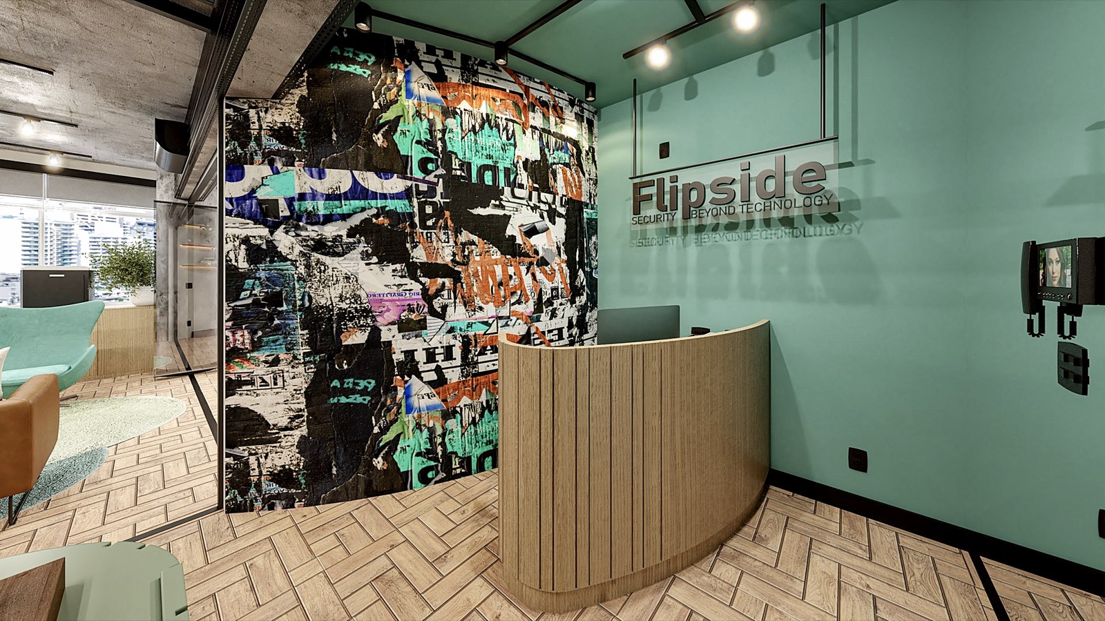 Recepção com painel autoral e balcão curvo no escritório Flipside Security, projeto corporativo Studio Mies