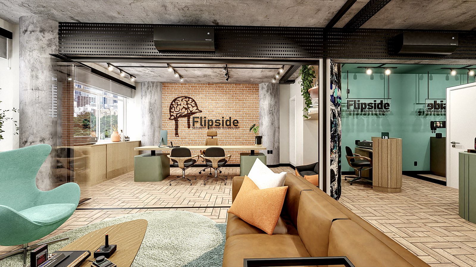 Lounge de espera integrado à sala de diretoria no escritório Flipside Security, projeto corporativo Studio Mies