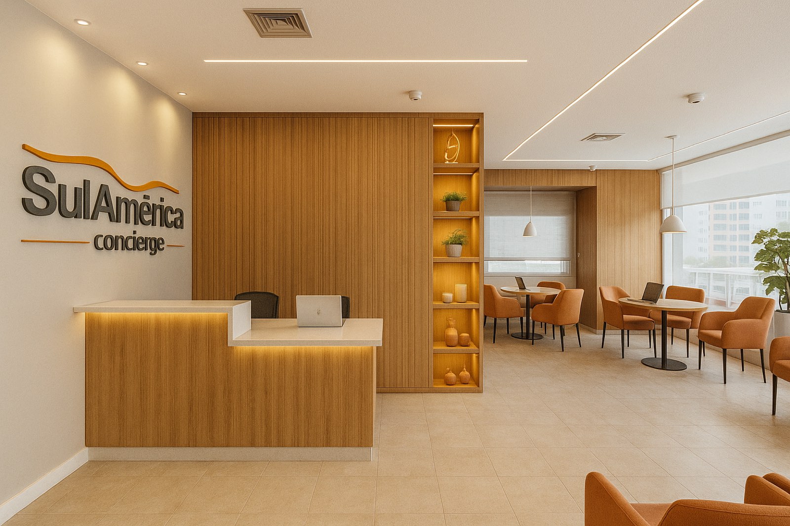 Recepção com marcenaria ripada e espera integrada no escritório SulAmérica Concierge, projeto corporativo Studio Mies