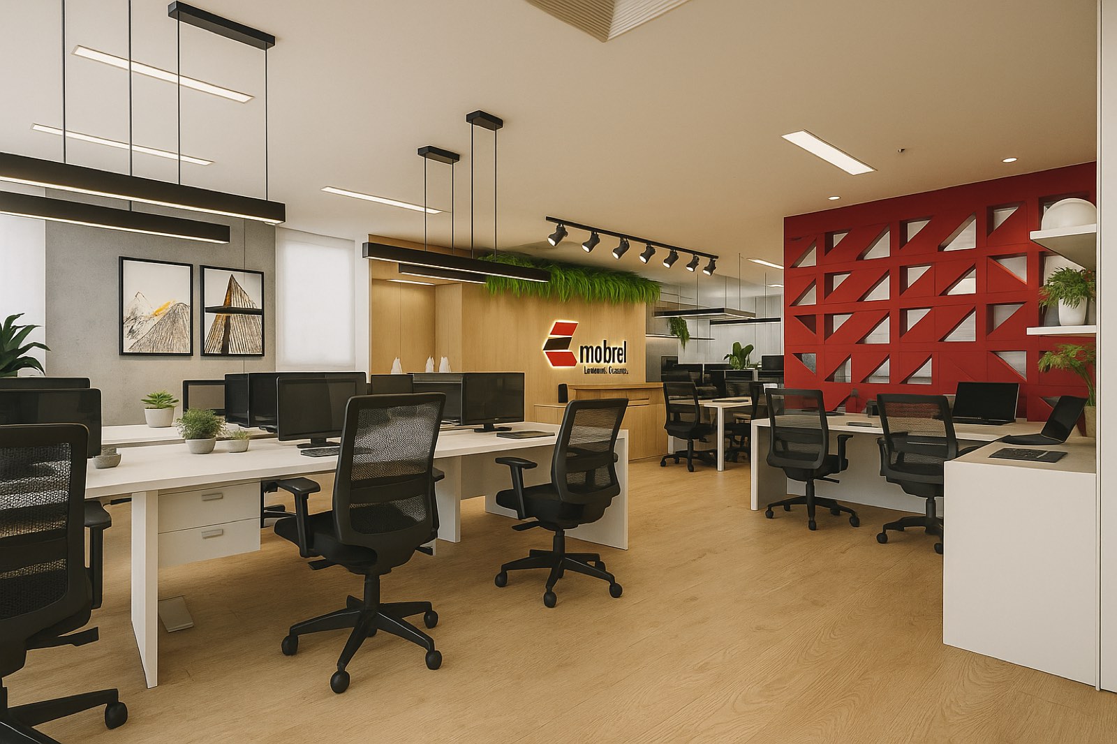 Open space com cobogó vermelho no escritório Mobrel, projeto corporativo Studio Mies